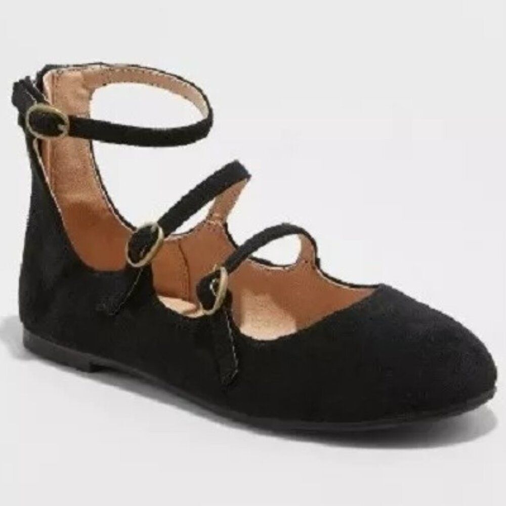 NWT Cat & Jack Girls Black Valera Strappy Metallic Ballets Flats, Size 4
